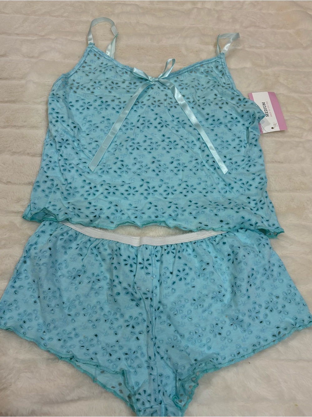 Light Blue Eyelet Lace tank top and short Set handmade in USA